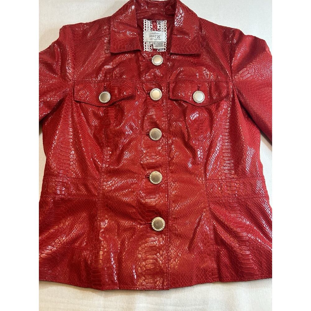 Just B Shiny‎ Red Metallic Jacket w/Decorative Buttons Small Snakeskin Print